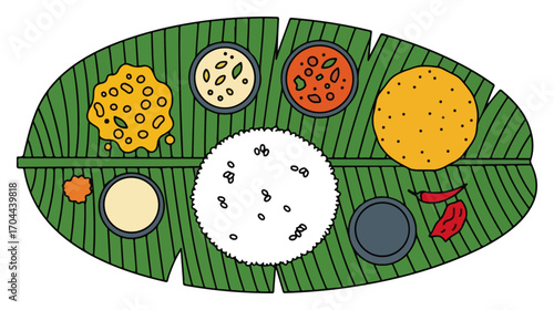 Traditional South Indian Meal Served on a Banana Leaf