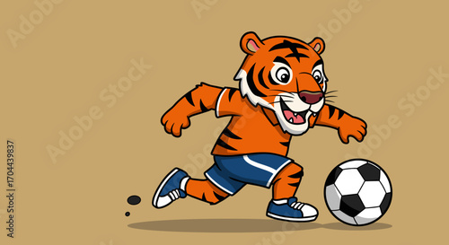 Cute cartoon tiger playing soccer with a football on a sandy background