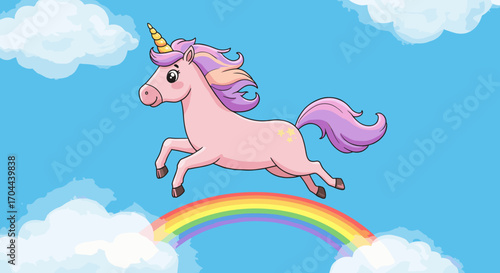 Cute cartoon unicorn running on rainbow bridge in blue sky with clouds illustration