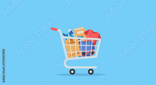 Shopping Cart Full of Groceries and Products on a Blue Background
