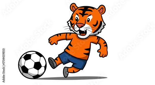 Cute Cartoon Tiger Kicking Soccer Ball Isolated On White Background