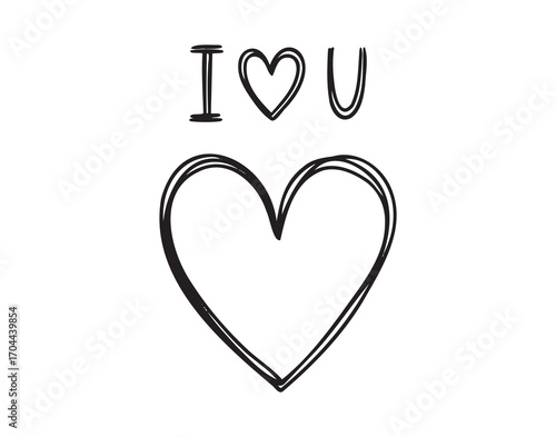 I love you hand handwritten doodle lettering phrase or quote with heart line art style. Decoration for greeting post card, Valentines Day, romance. Cute lettering