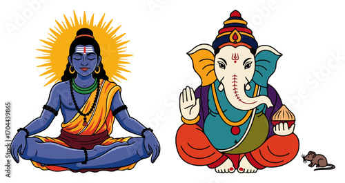 Hindu Gods Lord Shiva Meditating and Ganesha Blessing