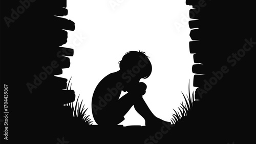 Worried boy in silhouette sitting alone near a brick wall in shadows, feeling sad and isolated
