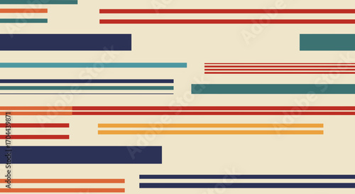 Retro Mid Century Modern Geometric Seamless Pattern Featuring Horizontal Stripes and Rectangles in Warm Colors Isolated on Cream Background