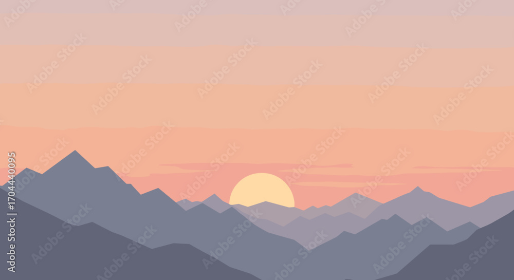 custom made wallpaper toronto digitalSerene Mountain Landscape at Sunset with Soft Pastel Sky and Distant Sun Illustration Style
