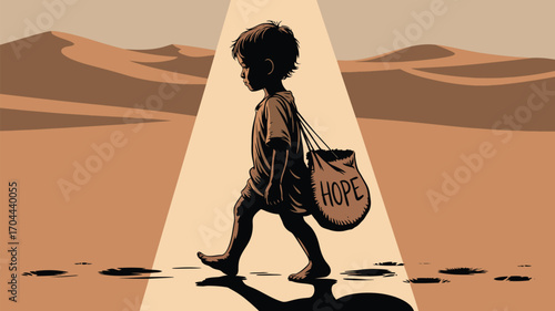 Child walks through desert carrying a bag of hope, a symbol of resilience and determination