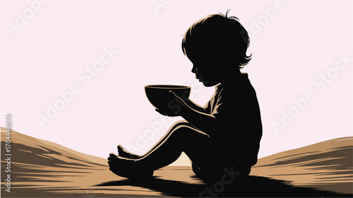 Vulnerable child holding bowl in silhouette, evoking feelings of poverty and humanitarian crisis need