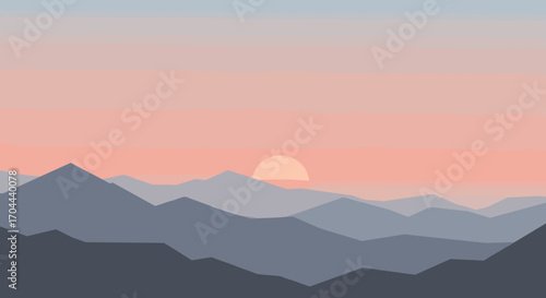 Serene mountain landscape at sunrise with soft pastel sky and rolling hills