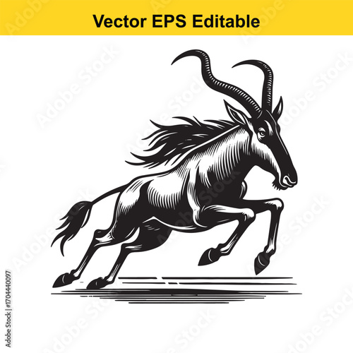 Vector art of black and white illustration of a wildebeest running