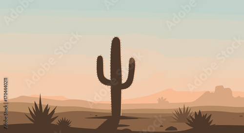Silhouette of a Saguaro Cactus Against a Desert Sunset with Mountains in the Background