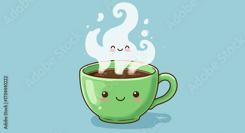 Cute Kawaii Coffee Cup Character with Smiling Face and Steaming Aroma Cartoon Illustration Isolated on Light Blue Background