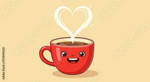 Cute Coffee Cup with Heart Shaped Steam Cartoon Illustration Isolated on Yellow Background