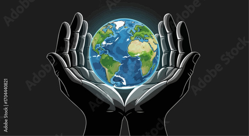 Vector art of two cupped hands illuminated from within, tenderly holding a glowing earth, representing hope, preservation, and the future of our planet