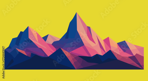 Geometric mountain range landscape illustration with vibrant pink and blue peaks on a bright yellow background