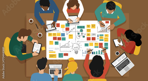 Diverse team brainstorms ideas collaborating on a project around a large table with charts and sticky notes business meeting planning