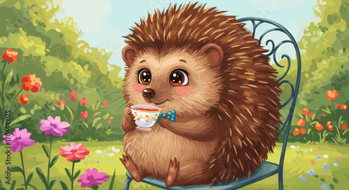 Cute cartoon hedgehog enjoying a cup of tea in a beautiful garden setting
