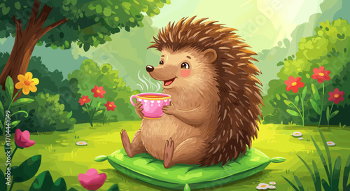Cute cartoon hedgehog enjoying a warm cup of tea outdoors in a sunny garden with flowers and trees