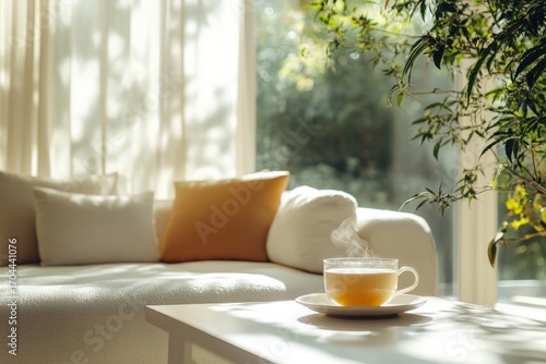Cozy Living Room with Tea and Morning Sunlight