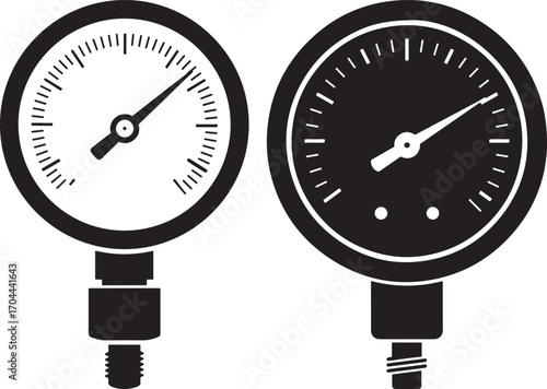 Two contrasting pressure gauge dials in a clear silhouette style