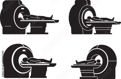 Four mri machine scans of a person lying down in silhouette