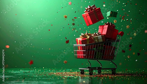 Red Christmas Gifts Overflowing Shopping Cart.