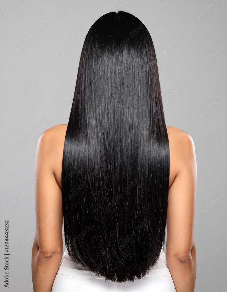 Fototapeta premium Straight, black hair flowing down the back of a person