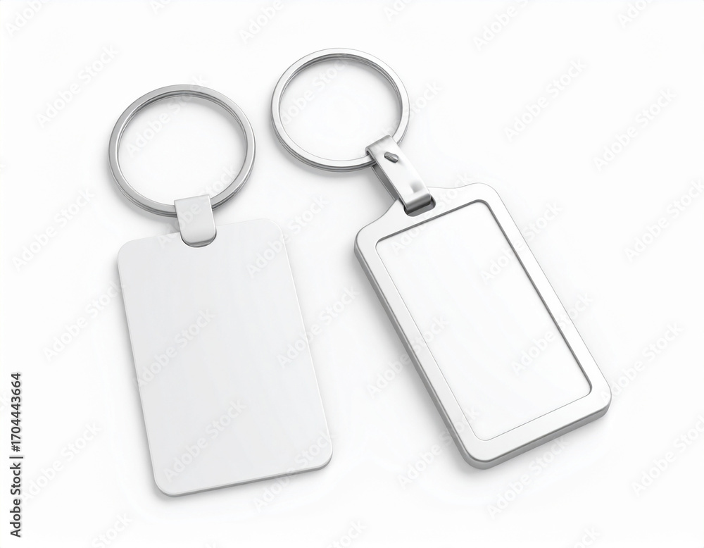 Fototapeta premium Two Silver Keychain Mockups on White Background, Rectangular Sha