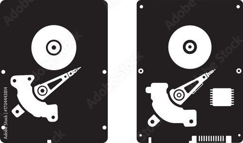 Two contrasting hard drive internal components in a stark black and white silhouette