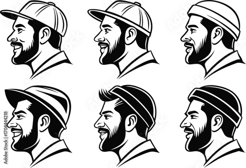 Six Black and White Drawings of Men in Hats