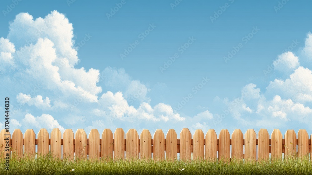 Obraz premium Wooden Fence Extends Across a Grassy Field Under a Clear Blue Sky Filled With Fluffy White Clouds During Daytime