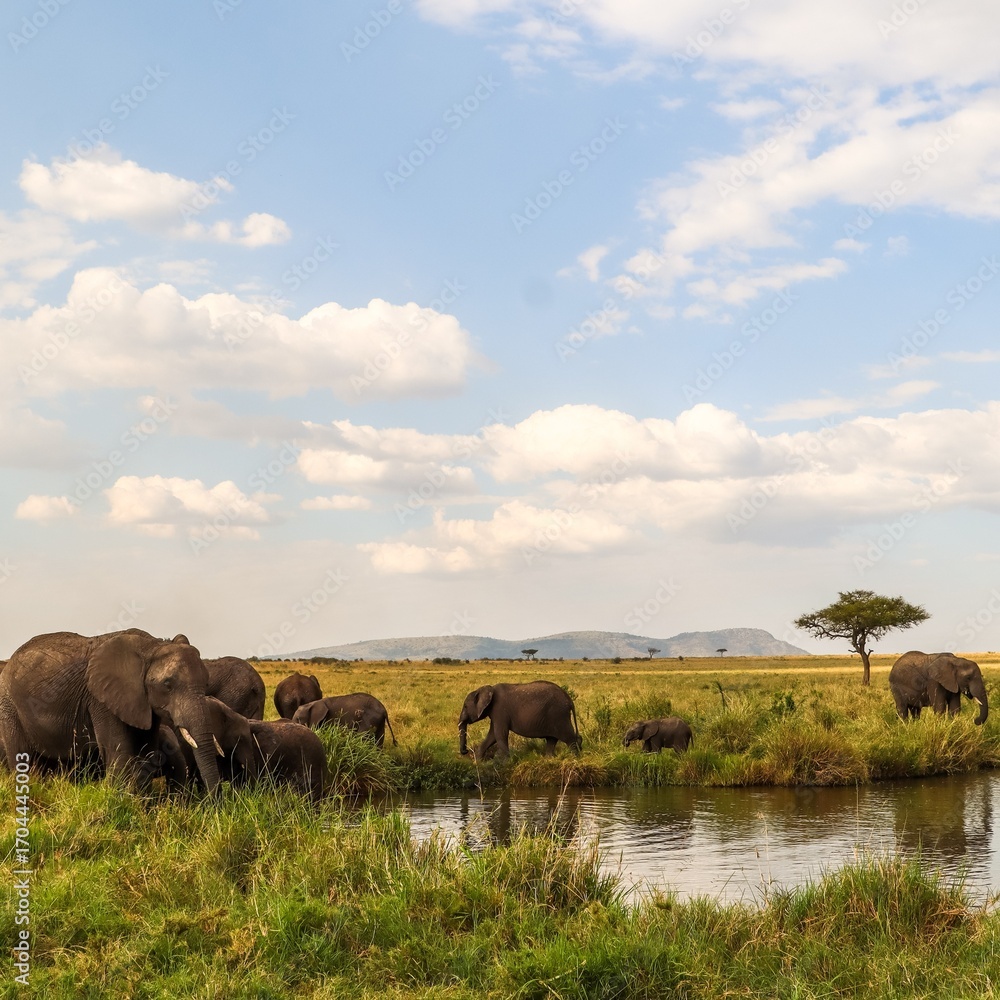 Obraz premium Elephants drinking and refreshing in a pond in the african savanna