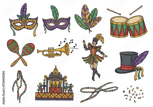Set of 10 carnival icons in hand drawn doodle style. Vector illustration with mask, feathers, drums, maracas, trumpet, dancing figure, hat, float, beads, confetti