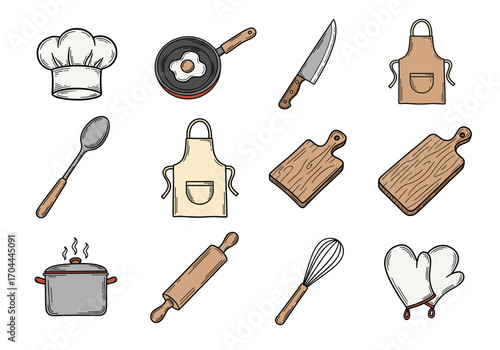Set of 10 chef icons in hand drawn doodle style. Vector illustration with chef hat, frying pan, knife, spoon, apron, cutting board, pot, rolling pin, whisk, cooking gloves