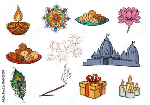 Set of 10 Diwali icons in hand drawn doodle style. Vector illustration with diya lamp, rangoli, lotus, sweets plate, fireworks, temple, peacock feather, incense, gift box, candles