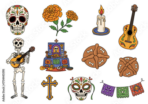 Set of 10 Día de los Muertos icons in hand drawn doodle style. Vector illustration with sugar skull, marigold flower, candle, guitar, skeleton, altar, bread of the dead, cross, mask, papel picado