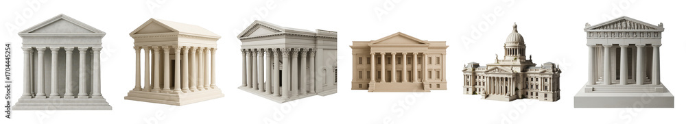 Obraz premium Classical architecture buildings set including neoclassical, ancient temple, and government structures isolated. Historical and symbolic collection.