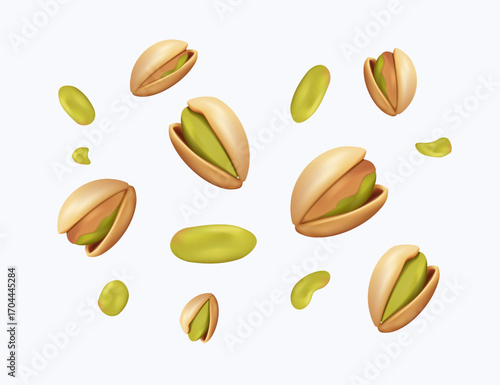 Pistachios, Isolated on White Background, Close-Up. Nuts 3D render vector illustration. Pistachio nut. Heap of pistachio