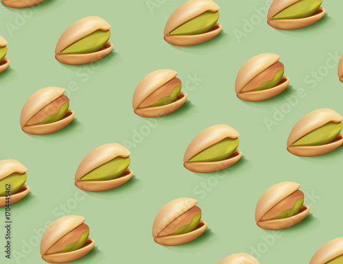 Pistachios background, Close-Up. Nuts 3D render vector illustration. Pistachio nut. Heap of tasty pistachio nuts isolated on green