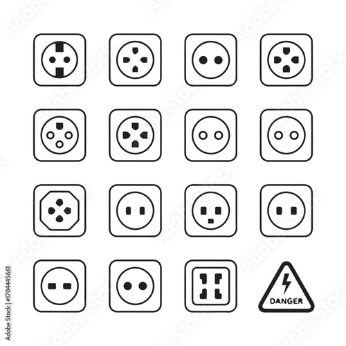 international plug socket icons vector library with electrical outlets hazard symbol global socket type illustration set