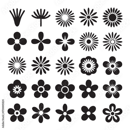 vector black flower icons bundle set of 25 floral silhouettes perfect for graphic design decoration pattern backgrounds