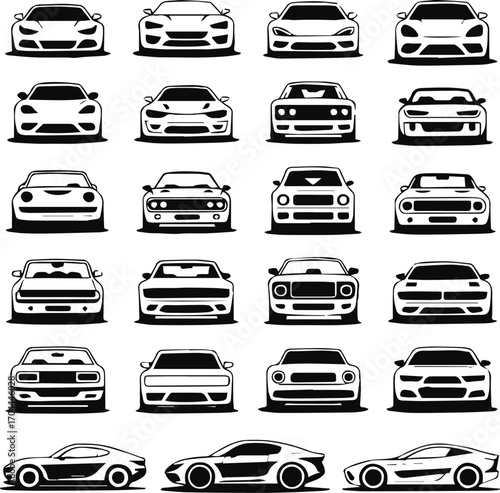 vector collection of car front view outlines featuring muscle sports vintage modern sedans black white minimalistic automotive design art