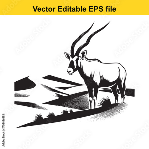 Vector art of oryx antelope standing in a desert landscape