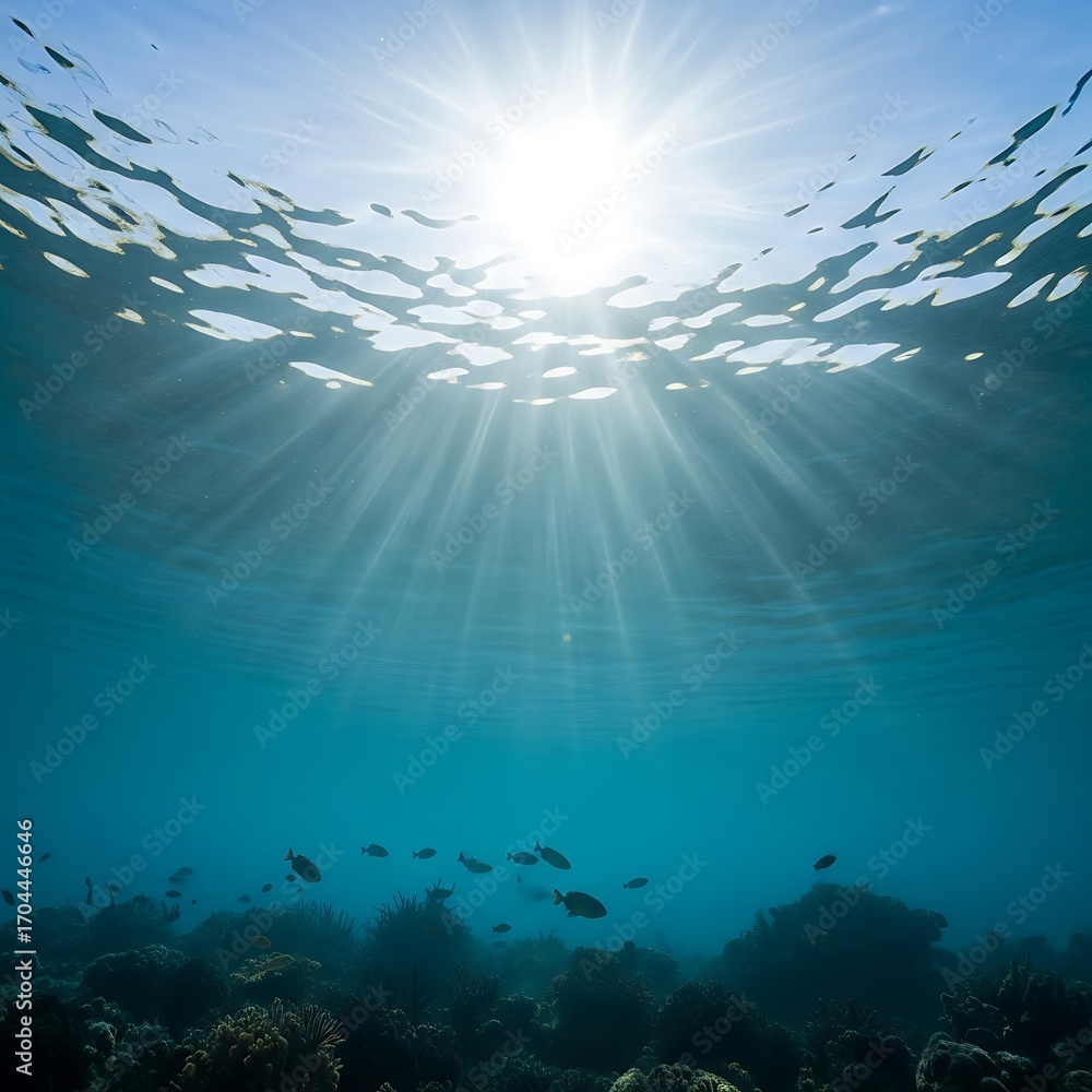 Obraz premium Sunlight streams through the tranquil ocean depths, illuminating a vibrant coral reef landscape.