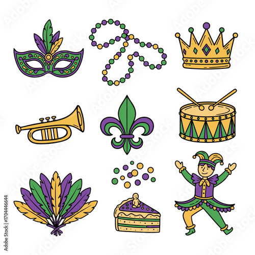 Set of 10 Mardi Gras icons in hand drawn doodle style. Vector illustration with mask, beads, crown, trumpet, fleur-de-lis, drum, feather fan, confetti, cake, dancing figure
