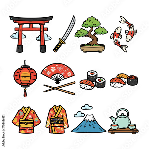 Set of 10 Japanese icons in hand drawn doodle style. Vector illustration with torii gate, samurai sword, bonsai, koi fish, fan, lantern, sushi, kimono, Mt. Fuji, tea set