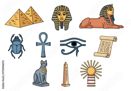 Set of 10 Egyptian icons in hand drawn doodle style. Vector illustration with pyramid, pharaoh mask, sphinx, scarab beetle, ankh, eye of Horus, papyrus scroll, cat statue, obelisk, hieroglyph sun
