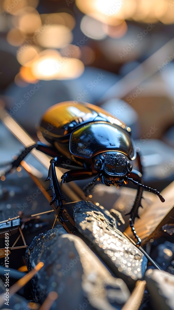 Fototapeta premium Close-up of a golden-black beetle on rocks