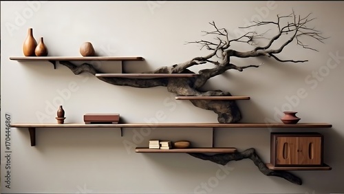 Elegant wall-mounted shelving unit featuring a striking tree branch motif creates functional artwork