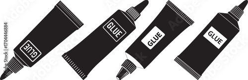 Four black glue tubes with the word glue in white text silhouette